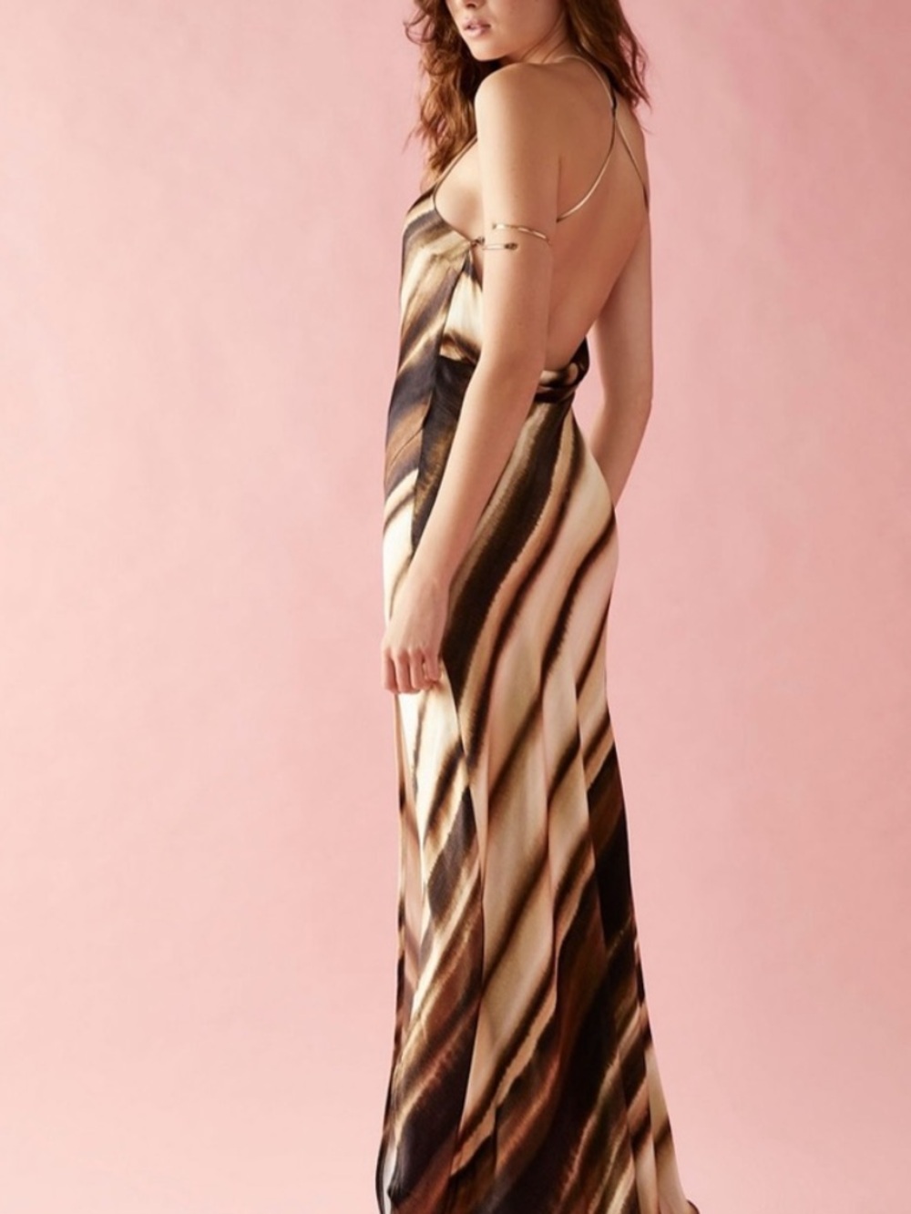 bec + bridge Brown & Cream Watercolor Stripe Satin Slip Dress
